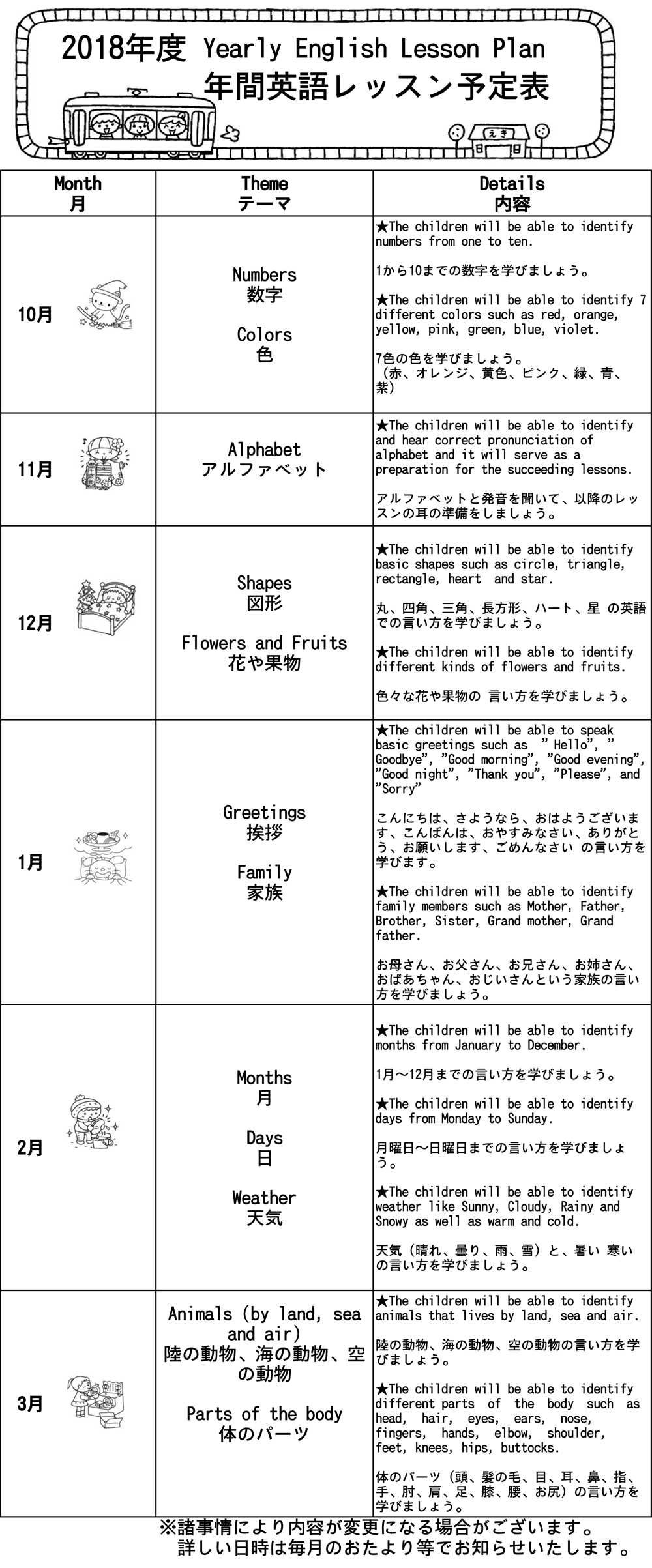 英語レッスン年間予定表